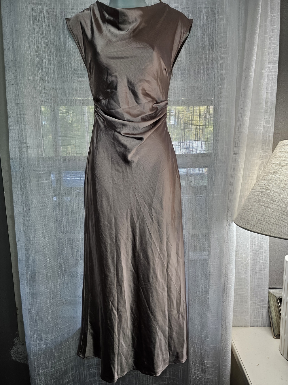 Satin Bias Maxi Dress in Taupe